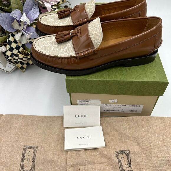 Men’s Gucci GG Supreme canvas/leather loafers size 8 fits 9US made in Italy - Picture 9 of 11
